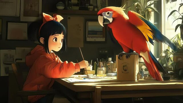 A young girl with a bow interacts with a colorful parrot indoors.