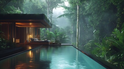 Jungle villa featuring high-end modern interiors, open terraces seamlessly connected to vibrant rainforest surroundings, infinity pool reflecting the lush greenery,