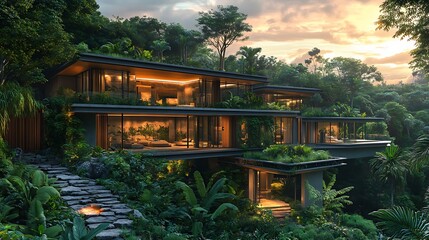 Obraz premium Luxurious rainforest villa surrounded by lush greenery, featuring a rooftop garden with natural stone pathways, vibrant jungle plants, and seamless glass walls blending indoors with nature,