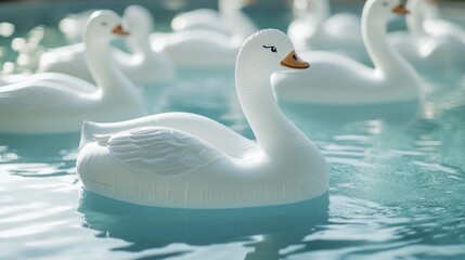 Obraz premium White inflatable swan pool toys floating on a calm turquoise pool.