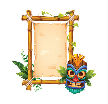 Bamboo frame with tiki mask, tropical leaves, and blank paper background for text. Vector cartoon illustration