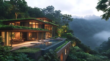 Naklejka premium Luxury villa designed with sustainability in mind, featuring solar panels, green roofs, and open spaces, surrounded by vibrant tropical rainforest,