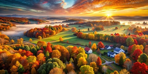 Naklejka premium October Watercolor Drone Photography - Autumn Leaves Aerial View, Hand Drawn Art