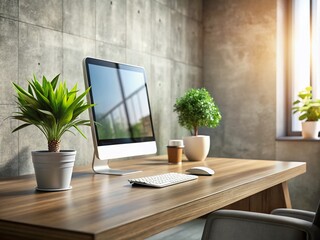 Fototapeta premium Office Desk Mockup 3D Render: Concrete Wall, Plant, PC Screen, High Depth of Field