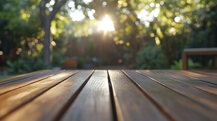 Sunlit Wooden Deck Surrounded by Lush Greenery and Blurred Background Effects