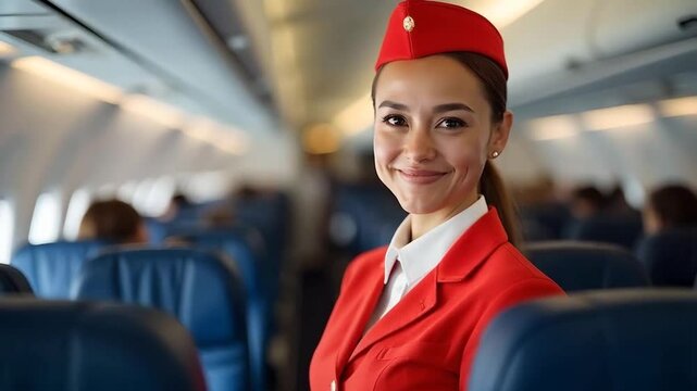 Smiling air hostess ready to assist passengers aboard a modern airplane
