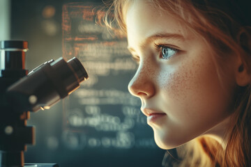 A close-up shot of a young girl using a microscope in a bright, modern classroom. Her eyes are focused and filled with curiosity as she looks through the eyepiece.  