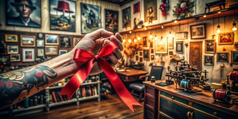 Naklejka premium Old Tattoo School Hand Holds a Ribbon Amidst Vintage Equipment and Artwork in a Cozy Studio Setting with Rich Textures and Warm Lighting for Art and Tattoo Enthusiasts