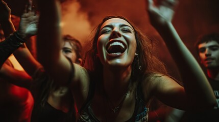 Obraz premium Friends Cheering for Someone Overcoming a Challenge in a Vibrant and Energetic Atmosphere