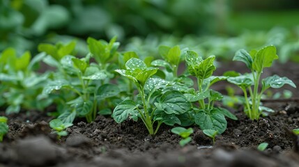 Obraz premium Lush green mint plants growing in a garden bed, glistening with morning dew.