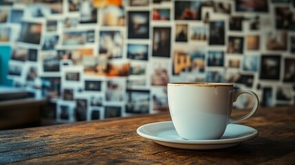 Fototapeta premium Cozy Coffee Cup in Front of Vision Board Filled with Inspirational Pictures of Dreams and Goals