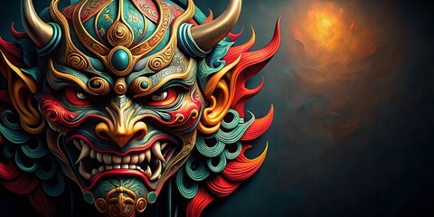 Fototapeta premium Oni Mask Outline, Japanese Demon Illustration, Line Art, Digital Painting, Mythological Creature, Asian Art