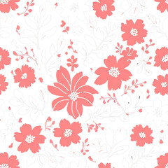 Obraz premium A charming floral pattern featuring vibrant coral flowers and delicate leaves on a soft white background, perfect for adding a touch of elegance to any design.