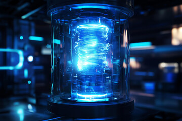 A futuristic energy generator with glowing blue plasma coils spinning inside a transparent cylindrical chamber. The device is suspended in a dark, high-tech laboratory environment. Neon blue and cyan 
