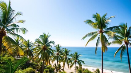 Fototapeta premium Tall palm trees swaying in the breeze on a sandy beach overlooking crystal blue waters, sandy shore, peaceful