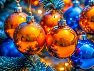 Orange & Blue Christmas Ornaments: Festive Holiday Decoration Photography
