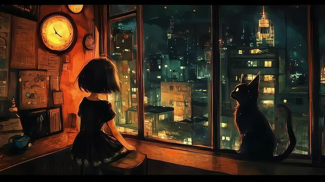 Young girl with short black hair gazes out the window beside a black cat at night.