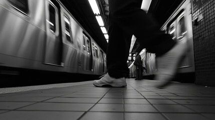 Obraz premium Person Walking in Subway Station with Blurred Motion Effect in Black and White