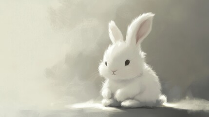 Obraz premium Serene White Bunny Sitting Neatly with Eyes Closed in Soft Light