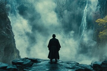 Fototapeta premium Solitary Figure Contemplates Majestic Waterfall