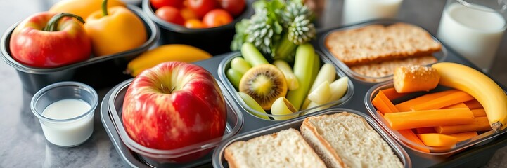 Tray filled with tasty school lunch items like sandwiches, fruits, vegetables, and milk on a cafeteria table, milk, healthy eating
