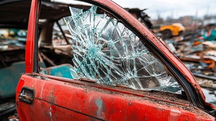 Close-Up of a Car Door with Shattered Glass in a Junkyard Environment