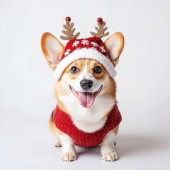 Adorable corgi wearing festive antler headband and red sweater on white background, holiday-themed cheerful pet portrait