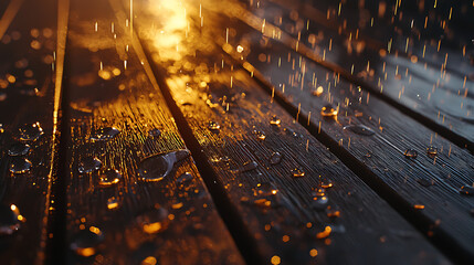 A wooden surface with raindrops on it
