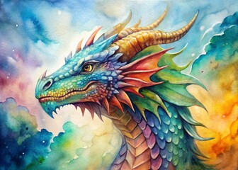 Watercolor Dragon Head Profile, Fantasy Creature Art, Mythical Beast Drawing, Side View Dragon Illustration, Dragon Head Painting