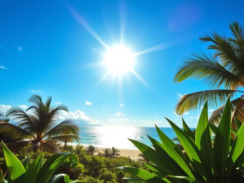Tropical landscape with palm trees and clear blue sky, perfect for summer vacation and travel concept, sky, holiday
