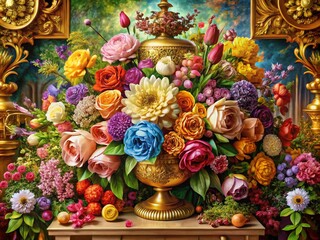 Obraz premium Ornate Floral Design with Golden Accents: A Captivating Display of Nature's Beauty and Craftsmanship in a Stunning Arrangement of Flowers and Decorative Elements