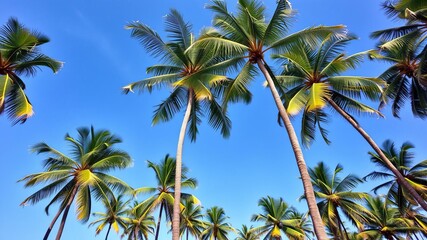 Obraz premium Tropical paradise scene with coconut palm trees reaching up into a clear blue sky, exotic, tranquil