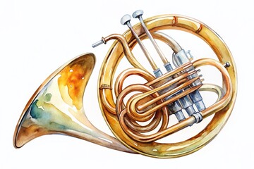 Watercolor French Horn Clipart, Classical Musical Instrument Illustration, Isolated Background, Artistic Horn Image