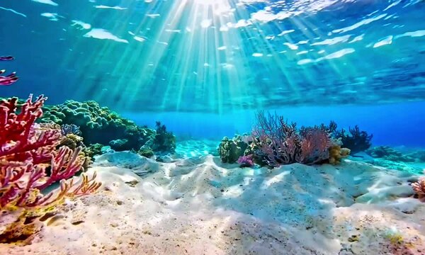 Beautiful underwater scene with sunlight streaming through clear blue water, vibrant coral, and sandy ocean floor. Perfect for marine life visuals, ocean conservation themes, nature projects, and phot