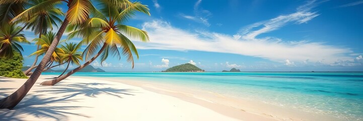 Obraz premium Tropical sandy beach with crystal clear blue sea and vibrant blue sky, ideal for summer vacation and relaxation, sea, serene