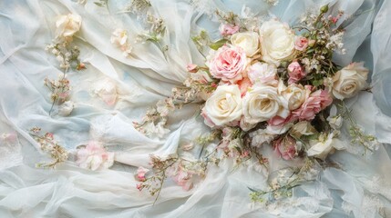 Soft roses and delicate petals on draped fabric.