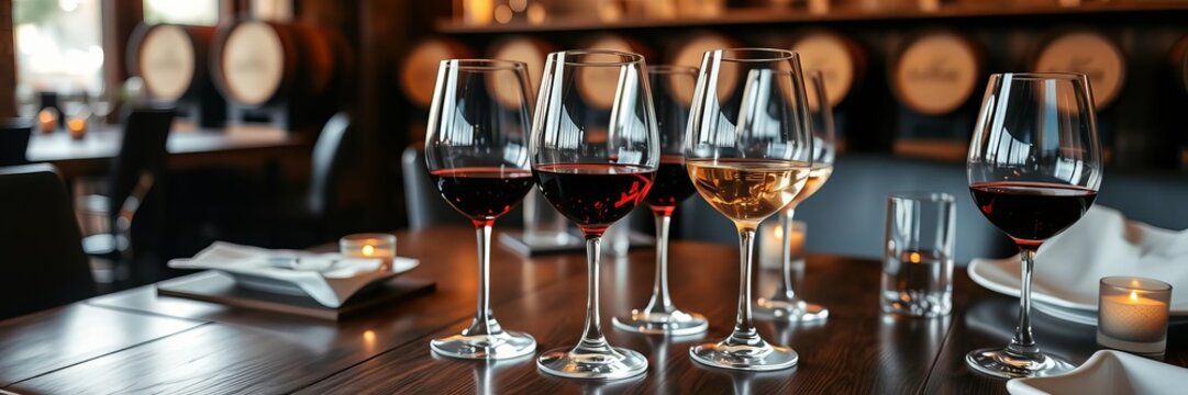 Two elegant glasses of white and red wine on a wooden table, cozy, refreshment