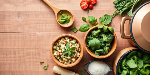 Variety of fresh organic vegetables in iron pot with wooden bowls and spoons on rustic wooden background top view copy space vegan cooking clean eating food, clean eating, vegan cooking