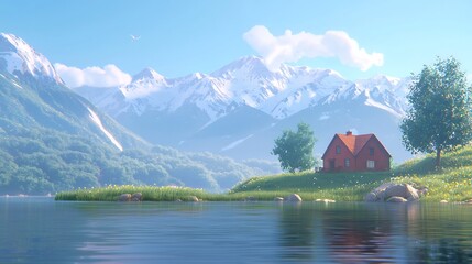 Fototapeta premium Picturesque Mountain Cabin Reflected in Serene Alpine Lake
