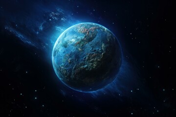 Fototapeta premium Earth is shown rotating in space with its glowing blue atmosphere and surrounded by stars