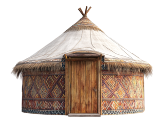 A traditional yurt displayed on a transparent background, perfect for cultural presentations, outdoor living concepts, or architectural designs.