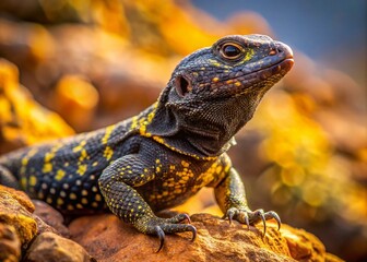 Fototapeta premium Panoramic Black Lizard with Yellow Spots - Stunning Reptile Photography
