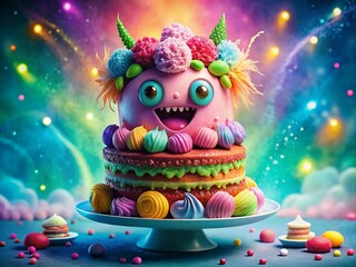 Fototapeta premium Whimsical Monster Cake with Bright Decorations and Pink Macaron for Playful Dessert Photography