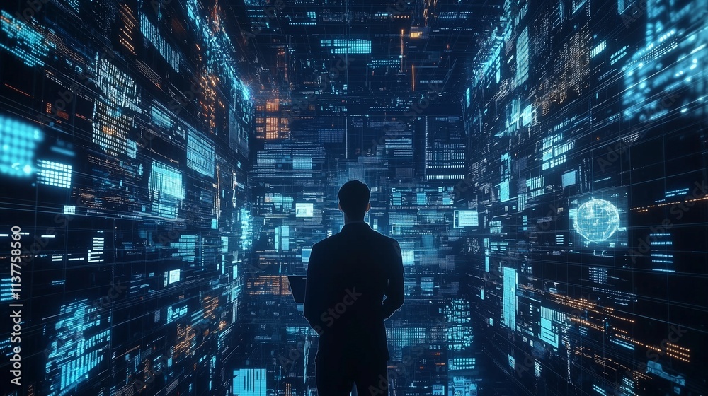 Poster silhouette of a person surrounded by digital data screens, symbolizing data visualization and analys