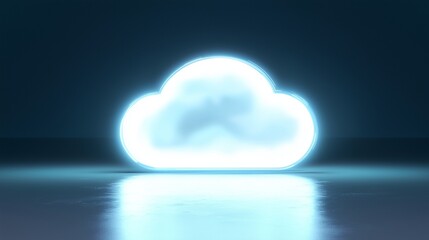 Glowing white cloud icon symbolizes online data and digital storage in a futuristic setting.