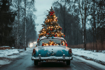 Vintage car on the road outdoors in winter driving a decorated Christmas tree, travel and holiday illustration