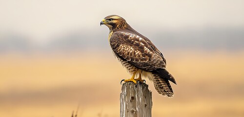 A Buzzard perched on a weathered wooden post, scanning the landscape