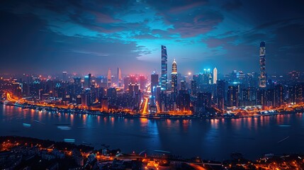 Night cityscape with skyscrapers, bridges, and river.