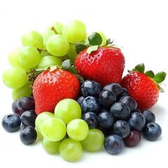 Obraz premium A colorful assortment of fresh strawberries, green grapes, and blueberries arranged together.