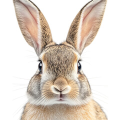 Fototapeta premium Close-up portrait of a young wild rabbit with large ears looking directly forward for use in nature or spring campaigns isolated on transparent
